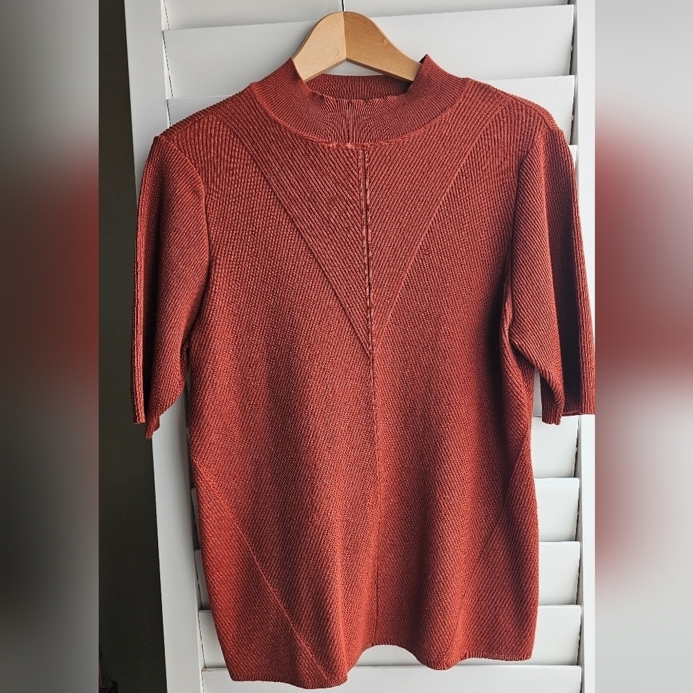 CYRUS Knit Top Mock Neck Sweater Short Sleeve Burnt Brown Ryon size L